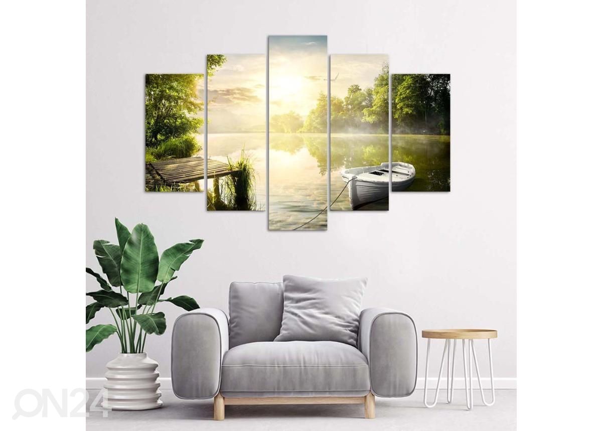 Viieosaline seinapilt Sunrise over the lake 150x100 cm suurendatud
