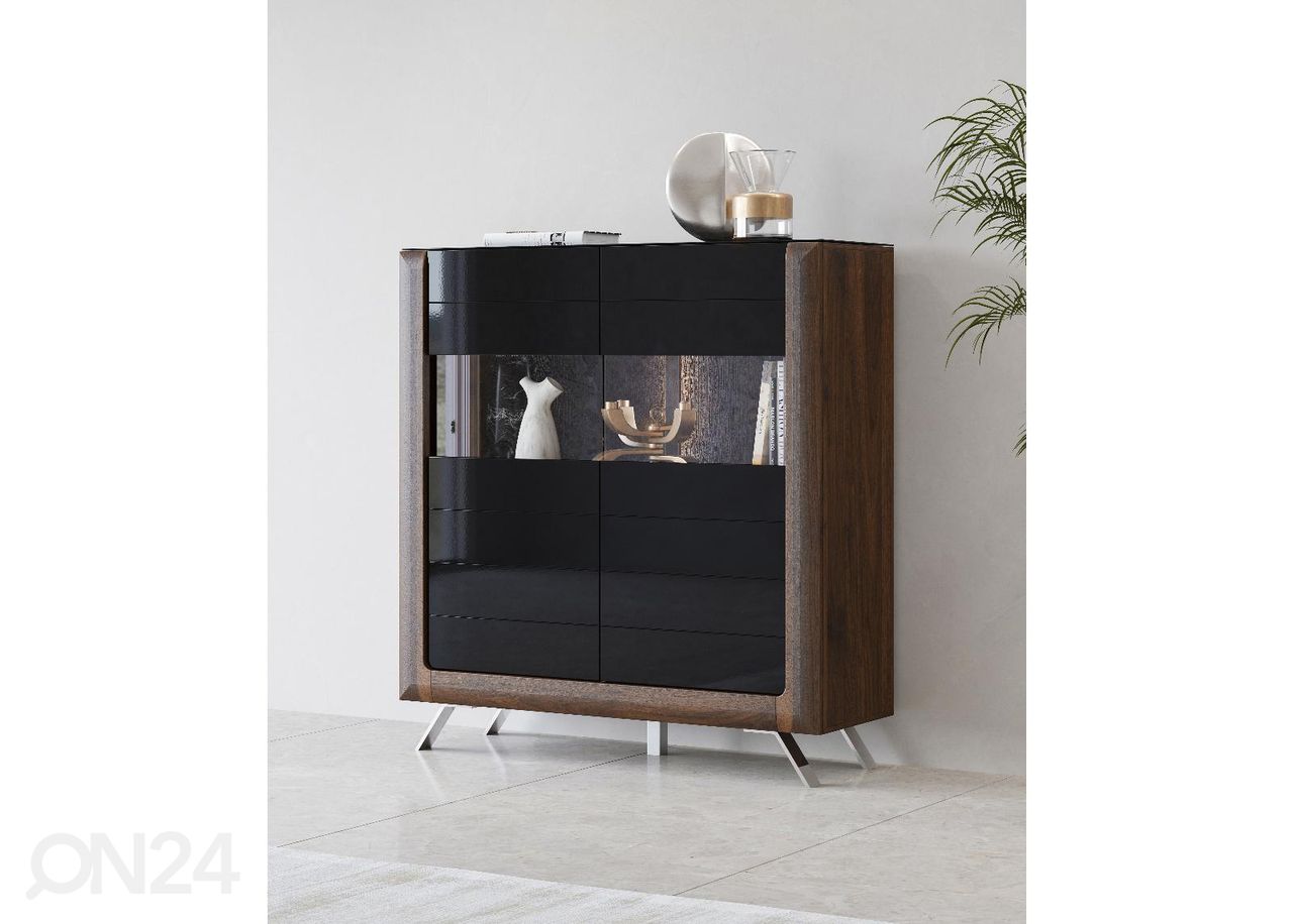 Vitriinkapp Cassandra 128 cm, pähkel/läikiv must suurendatud