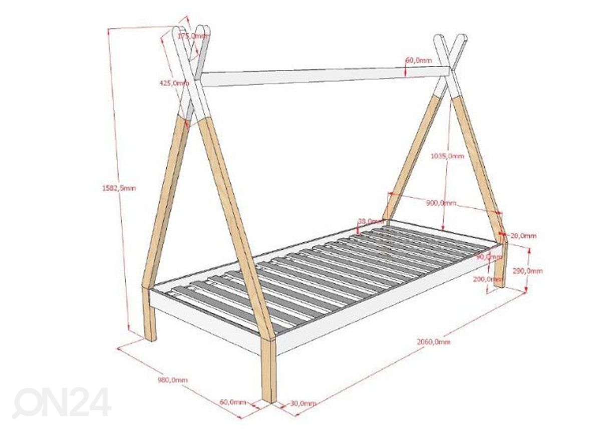 Voodi Tipi 90x200 cm, valge/naturaalne suurendatud