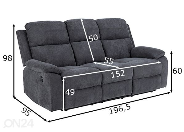 3-kohaline diivan recliner Clint mõõdud