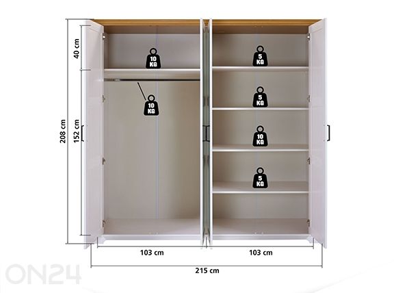 4-uksega riidekapp Maluno 215 cm mõõdud