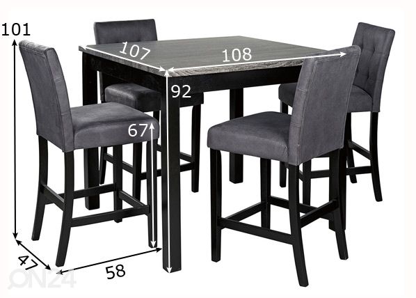 Baarilaud + 4 baaritooli mõõdud