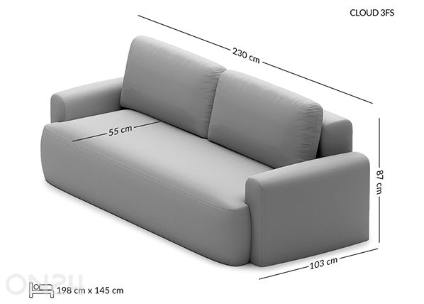 Diivanvoodi 3-kohaline Cloud mõõdud