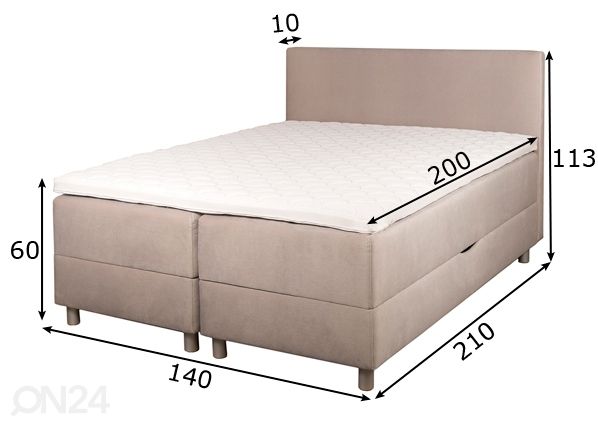 Hypnos kontinentaalvoodi Pandora 140x200 cm kahe pesukastiga mõõdud