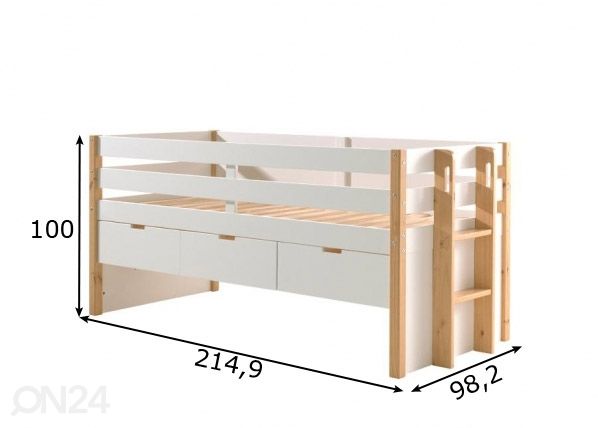 Kaptenivoodi + 3 sahtlit Margrit 90x200 cm, valge mõõdud