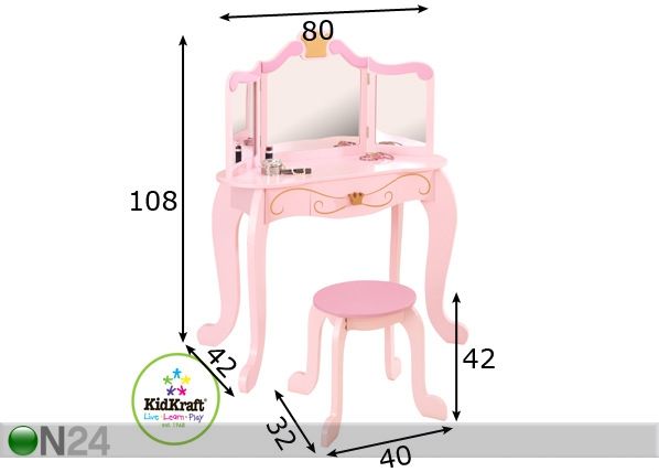 KidKraft printsessi make-up laud ja tool mõõdud