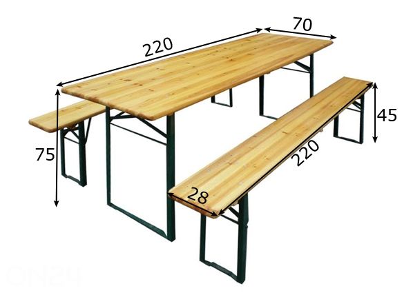 Kokkupandav aiamööbel, laud 70x220 cm + 2 pinki mõõdud