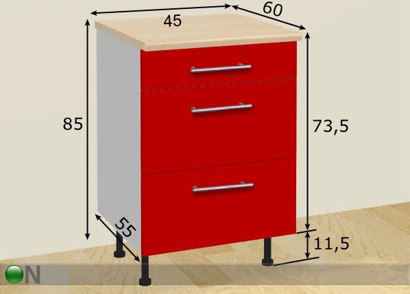 Kolme sahtliga köögikapp 45 cm mõõdud