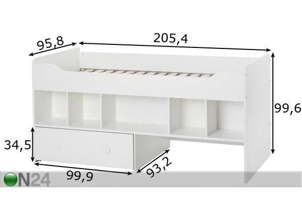 Kompaktvoodi Combee 90x200 cm voodikastiga mõõdud