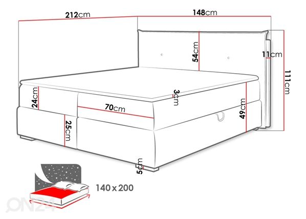 Kontinentaalvoodi pesukastiga 140x200 cm mõõdud