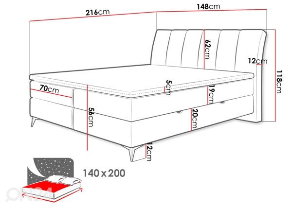 Kontinentaalvoodi pesukastiga 140x200 cm mõõdud