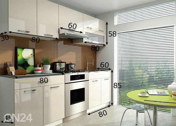 Köögimööbel 220 cm läikiv valge mõõdud