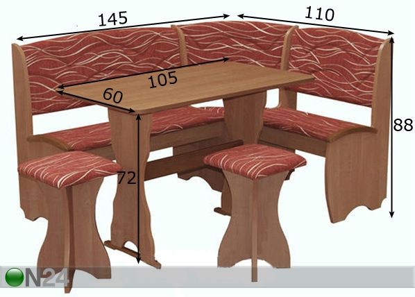 Kööginurk koos laua ja kahe taburetiga mõõdud