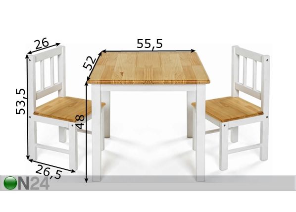 Laste laud ja 2 tooli mõõdud