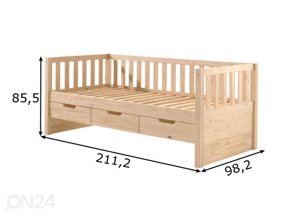 Lastevoodi +3 sahtlit Fritz 90x200 cm, naturaalne mänd mõõdud