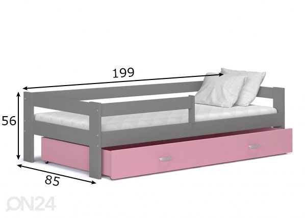 Lastevoodi komplekt 80x190 cm, hall/roosa mõõdud