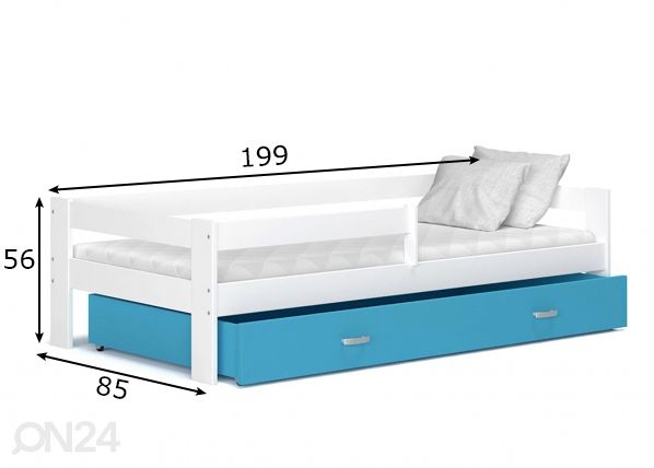 Lastevoodi komplekt 80x190 cm, valge/sinine mõõdud