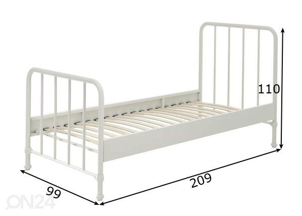 Metallvoodi Bronxx 90x200 cm, valge mõõdud