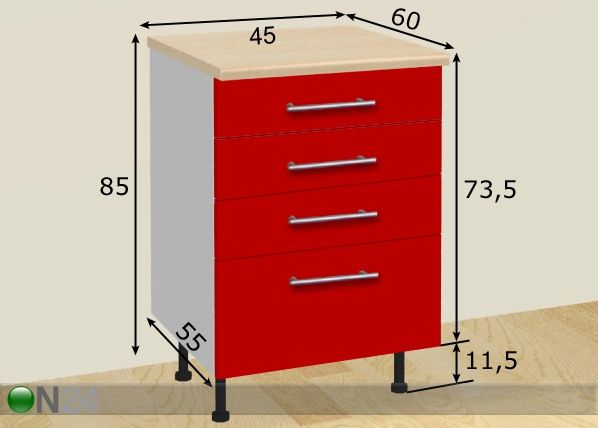 Nelja sahtliga köögikapp 45 cm mõõdud