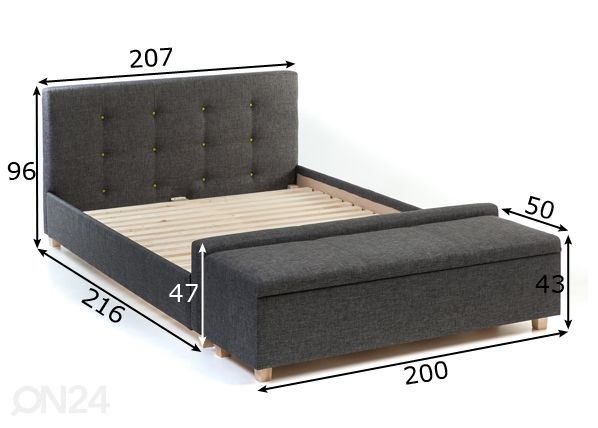 Nööpidega voodi Venecija 200x200 cm + tumba mõõdud