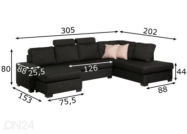 Nurgadiivan Milan 3D FS mõõdud