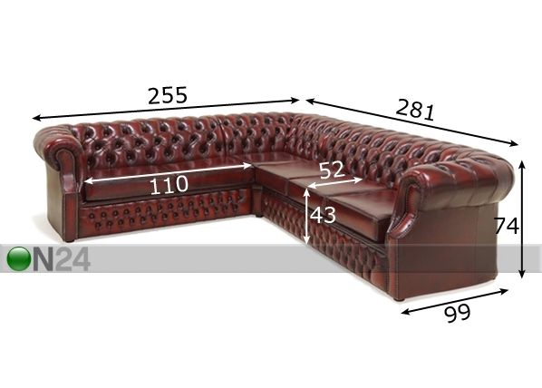 Nurgadiivanvoodi Chesterfield mõõdud