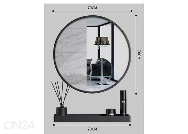 Peegel riiuliga Ø70 cm, must mõõdud