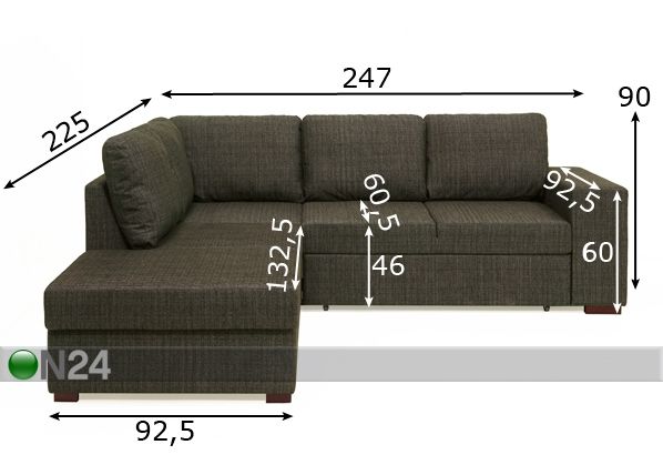 Pesukastiga nurgadiivanvoodi Nora mõõdud