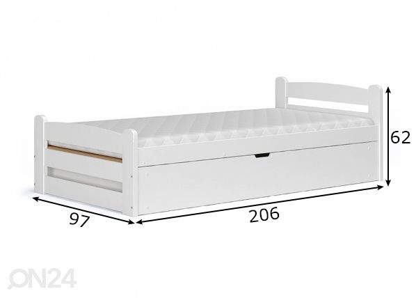 Pesukastiga voodi 90x200 cm, valge mõõdud