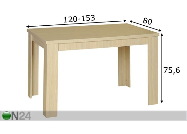 Pikendatav köögilaud Standard 80x120-153 cm mõõdud