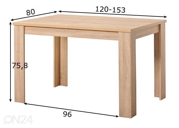 Pikendatav köögilaud Standard 80x120-153 cm mõõdud
