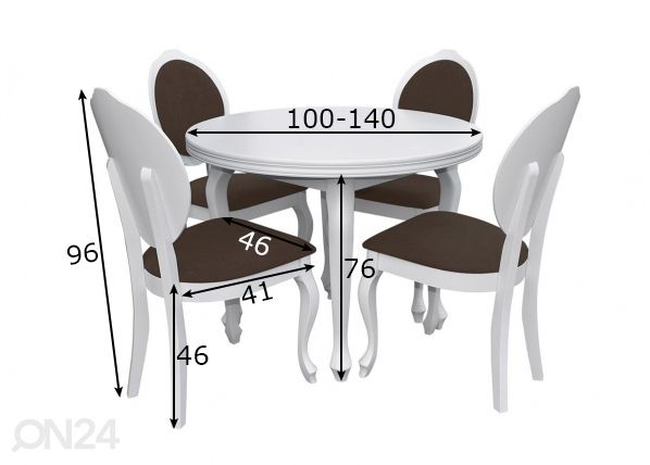 Pikendatav söögilaud 100x100-140 cm + 4 tooli mõõdud