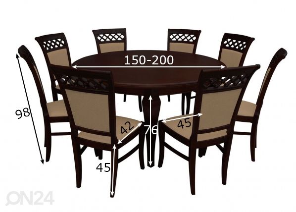 Pikendatav söögilaud 150x150-200 cm + 8 tooli mõõdud