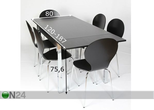 Pikendatav söögilaud 80x120-187 cm, must mõõdud