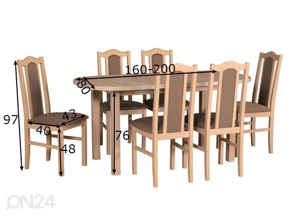 Pikendatav söögilaud 80x160-200 cm + 6 tooli mõõdud