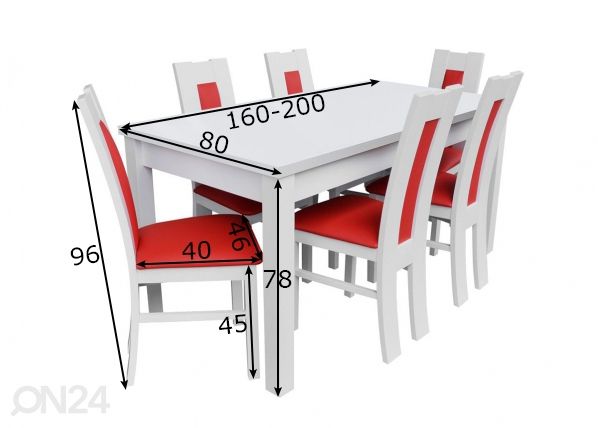 Pikendatav söögilaud 80x160-200 cm + 6 tooli mõõdud