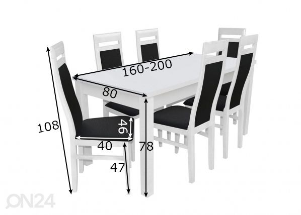 Pikendatav söögilaud 80x160-200 cm + 6 tooli mõõdud