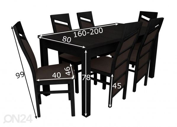 Pikendatav söögilaud 80x160-200 cm + 6 tooli mõõdud
