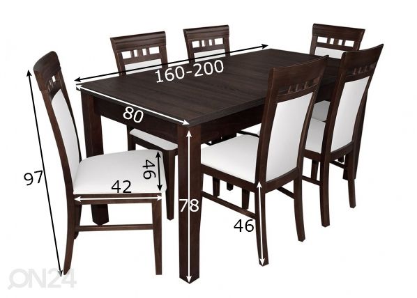 Pikendatav söögilaud 80x160-200 cm + 6 tooli mõõdud