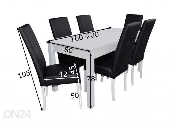 Pikendatav söögilaud 80x160-200 cm + 6 tooli mõõdud