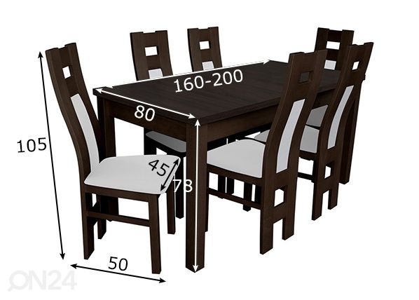 Pikendatav söögilaud 80x160-200 cm + 6 tooli mõõdud