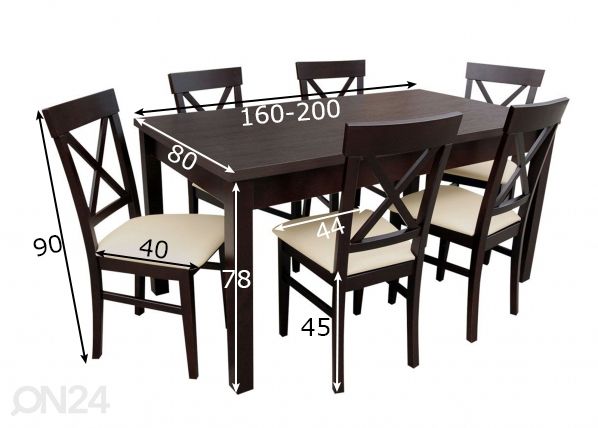 Pikendatav söögilaud 80x160-200 cm + 6 tooli mõõdud