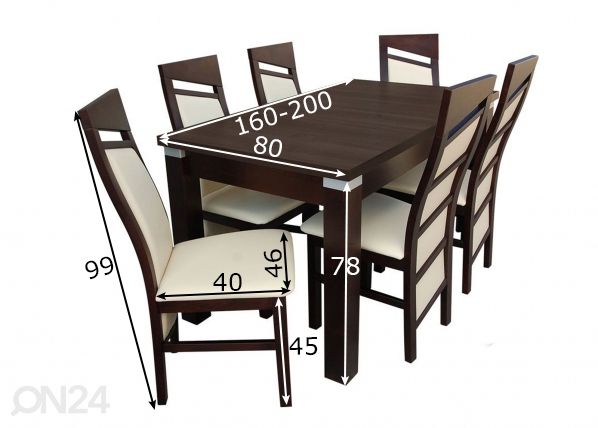 Pikendatav söögilaud 80x160-200 cm + 6 tooli mõõdud