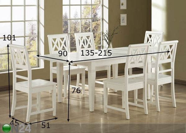 Pikendatav söögilaud 90x135-215 cm ja 6 tooli Wexford mõõdud
