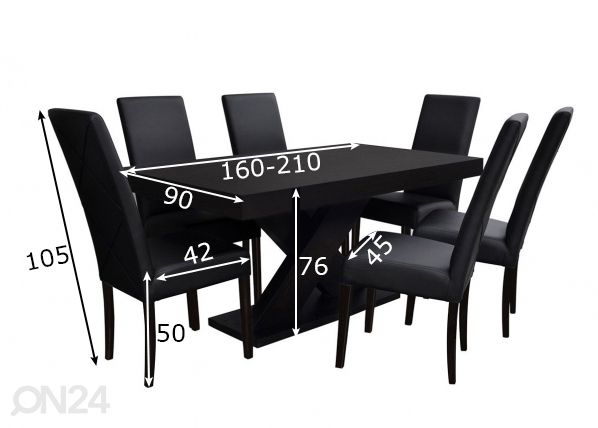 Pikendatav söögilaud 90x160-210 cm + 6 tooli mõõdud