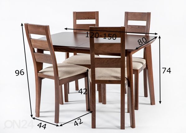 Pikendatav söögilaud Bari + 4 tooli Parma, hele wenge mõõdud