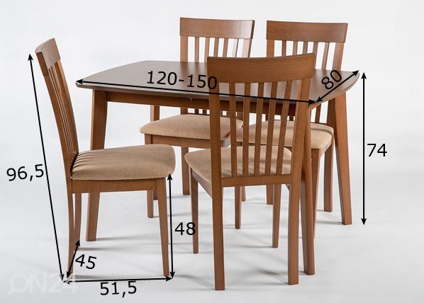 Pikendatav söögilaud Bari 80x120-150 cm + 4 tooli Modena, pähkel mõõdud