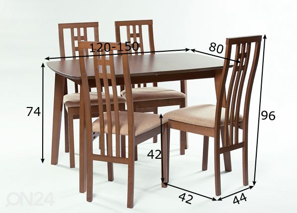 Pikendatav söögilaud Bari 80x120-150 cm + 4 tooli Monza, pähkel mõõdud