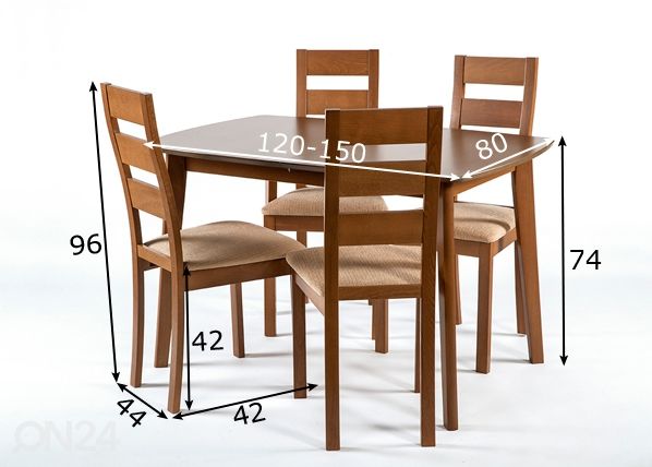 Pikendatav söögilaud Bari 80x120-150 cm + 4 tooli Parma, pähkel mõõdud