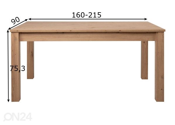 Pikendatav söögilaud Bergen 90x160/215 cm, artisan mõõdud